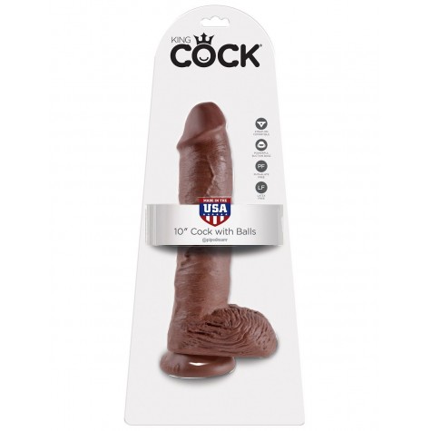 Большой коричневый фаллоимитатор с мошонкой 10" Cock with Balls на присоске - 25,4 см.